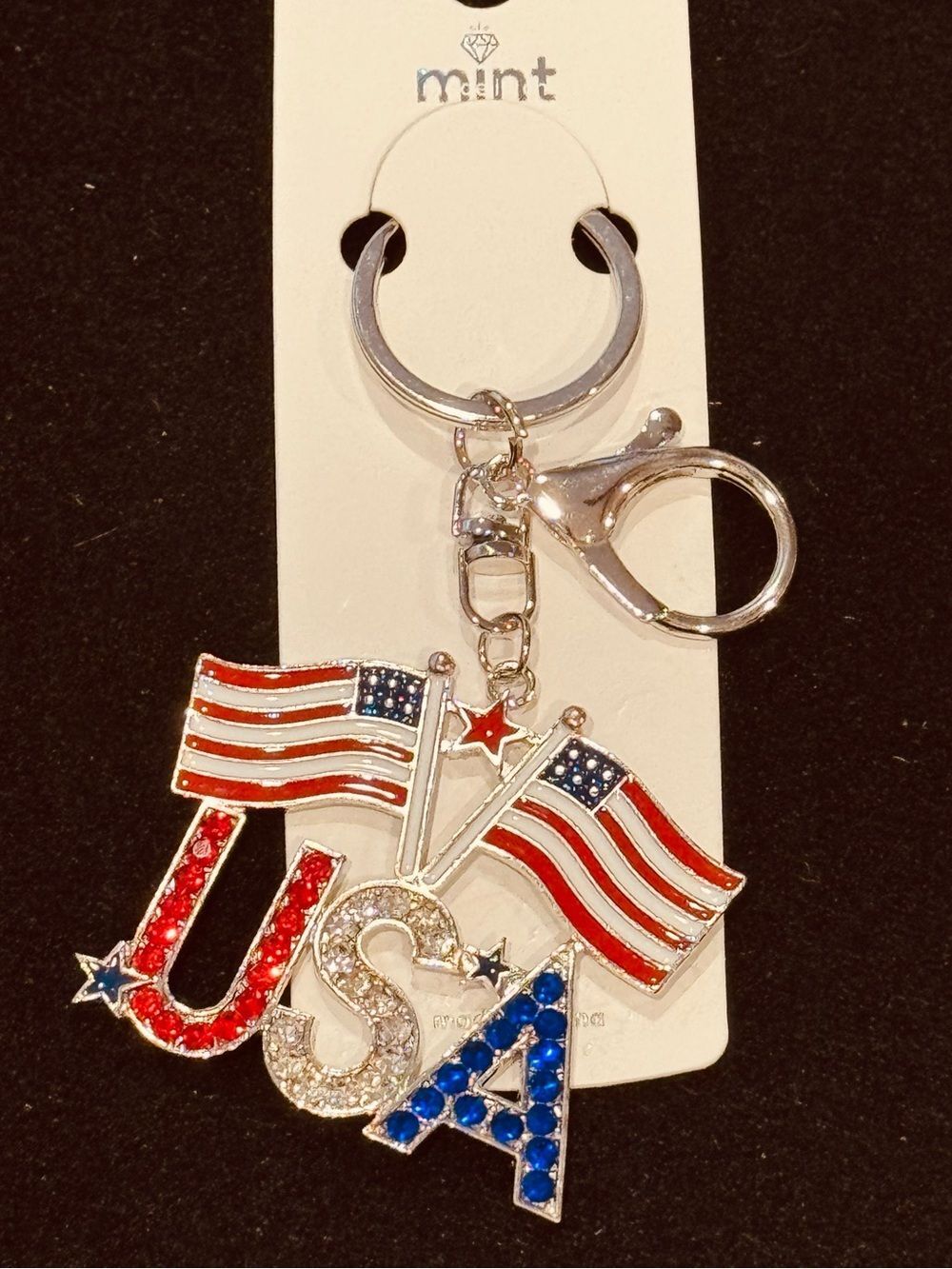 USA Crystal Flag Keychain Bag Charm July 4th Patriotic America 250 Bicentennial